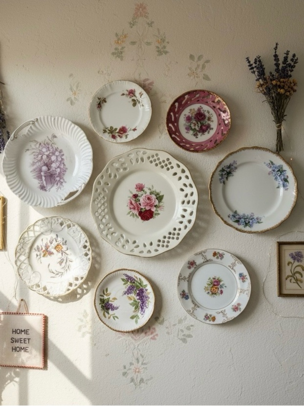 Vtg Floral Decorative Plate Wall - Pastel Florals Mismatched Plate Collection